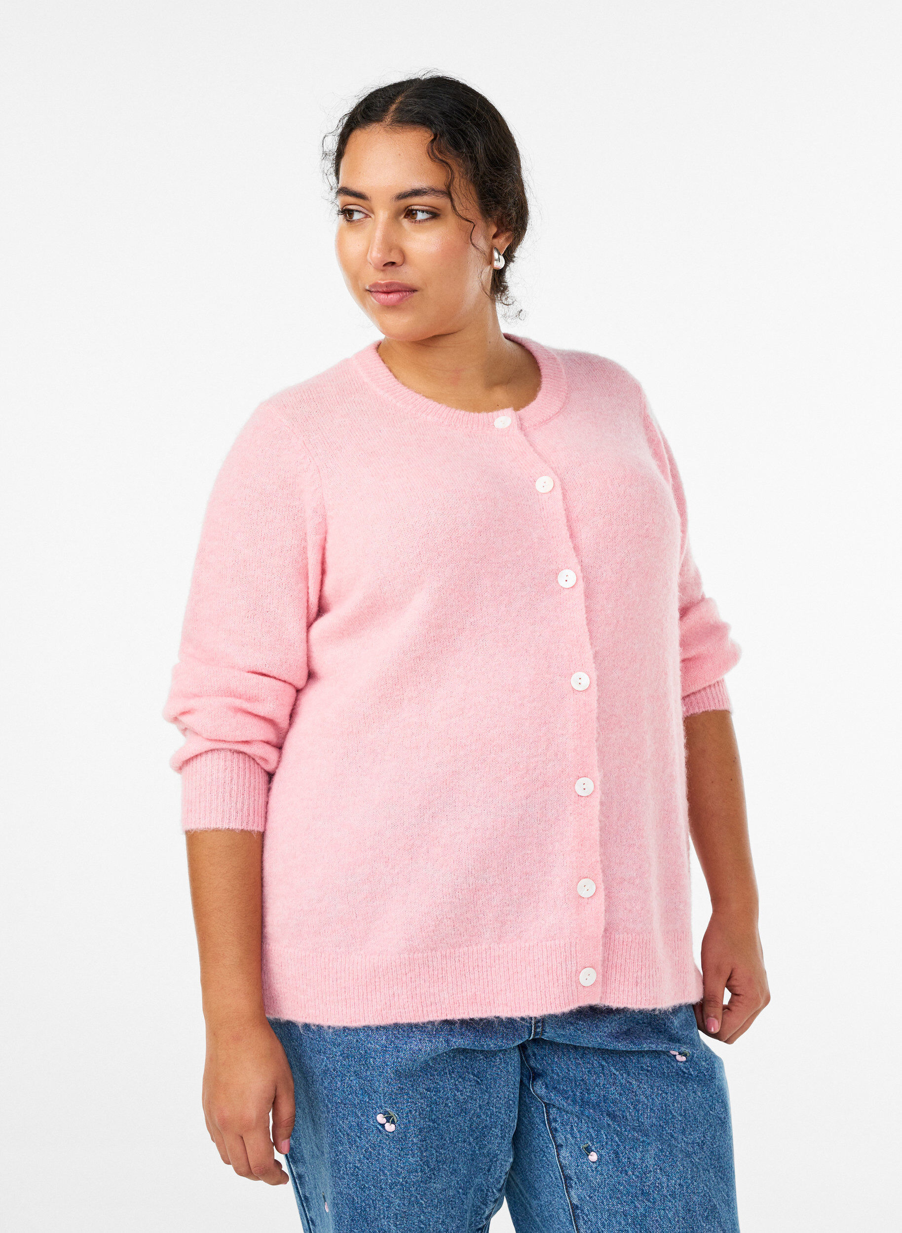 Knit cardigan with wool and buttons, Pink, Model