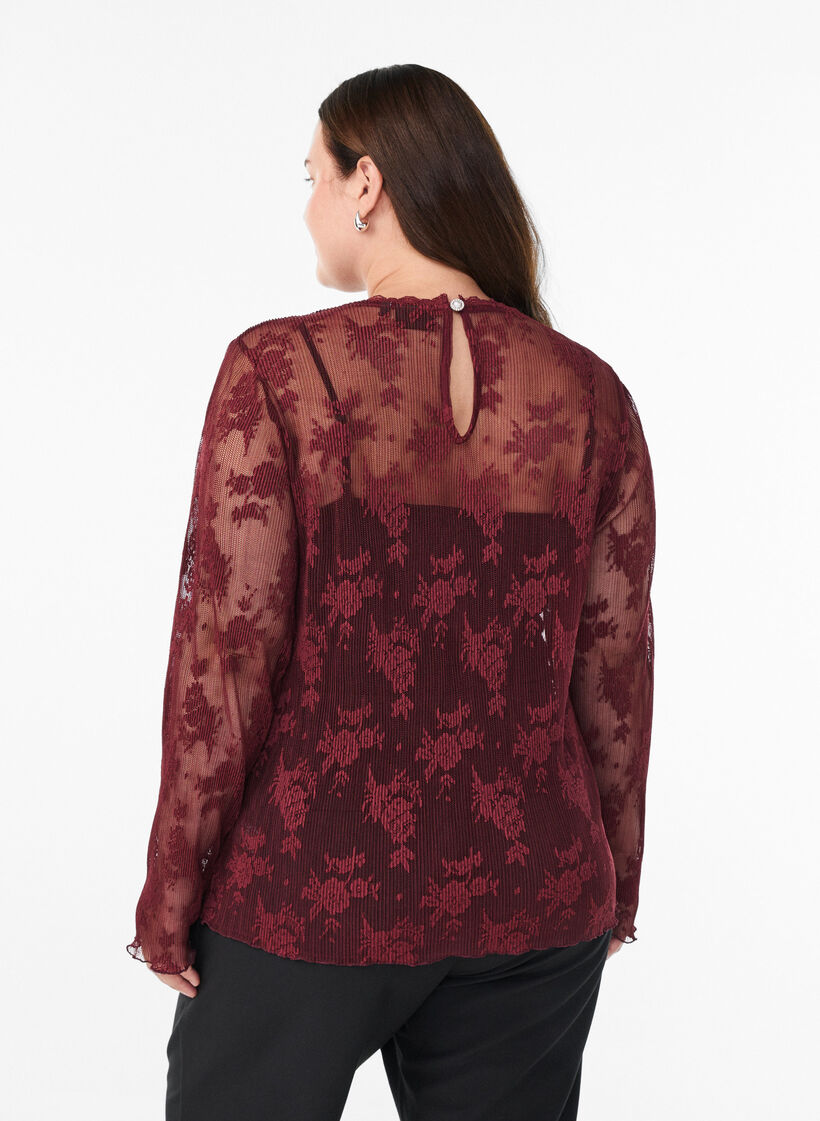 Long-sleeved mesh blouse with lace pattern, Dark Bordeaux, Model image number 2