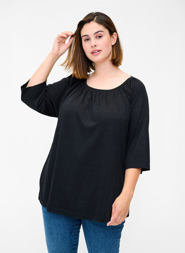Plain blouse with 2/4 sleeves, Black, Model image number 0