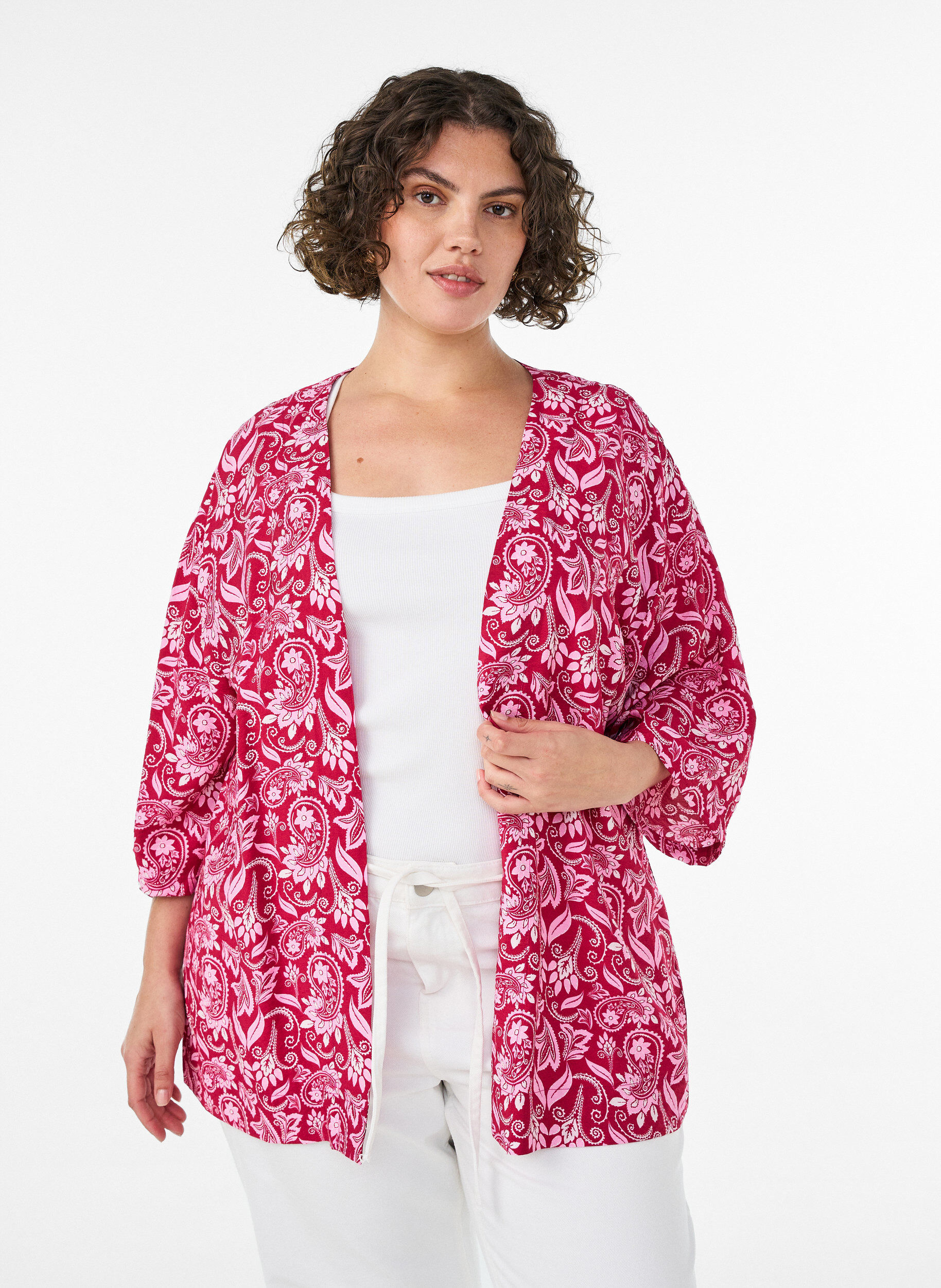 ZizzifashionShort viscose kimono with 3/4 sleeves, Pink, Model image number 0