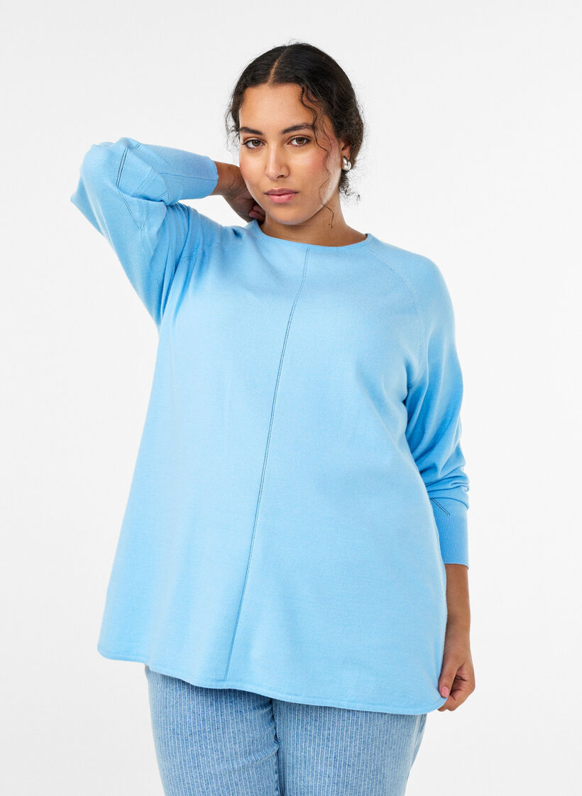 Knit blouse with round neck and knitted pattern, Light Blue, Model image number 0