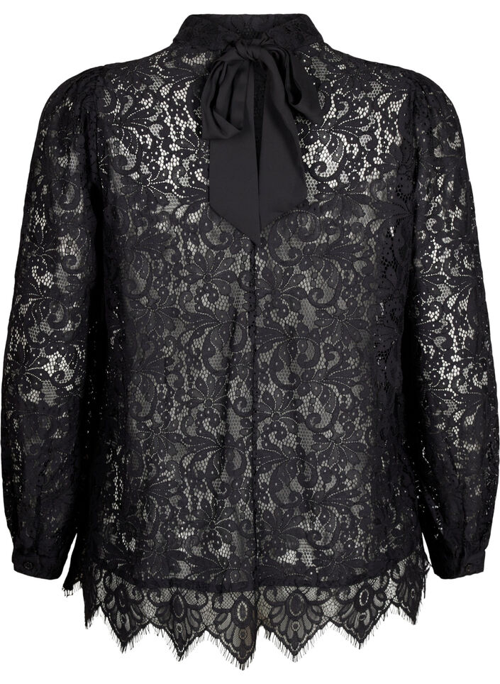 Lace blouse with bow detail, Black, Packshot image number 1
