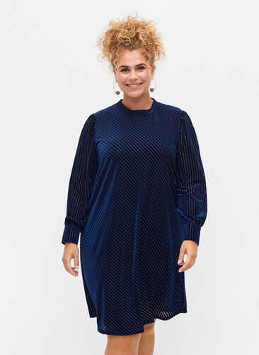 Textured dress in velour, Evening Blue, Model image number 0