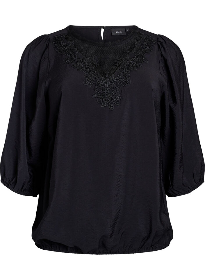 Blouse with 3/4 sleeves and lace details, Black, Packshot image number 0