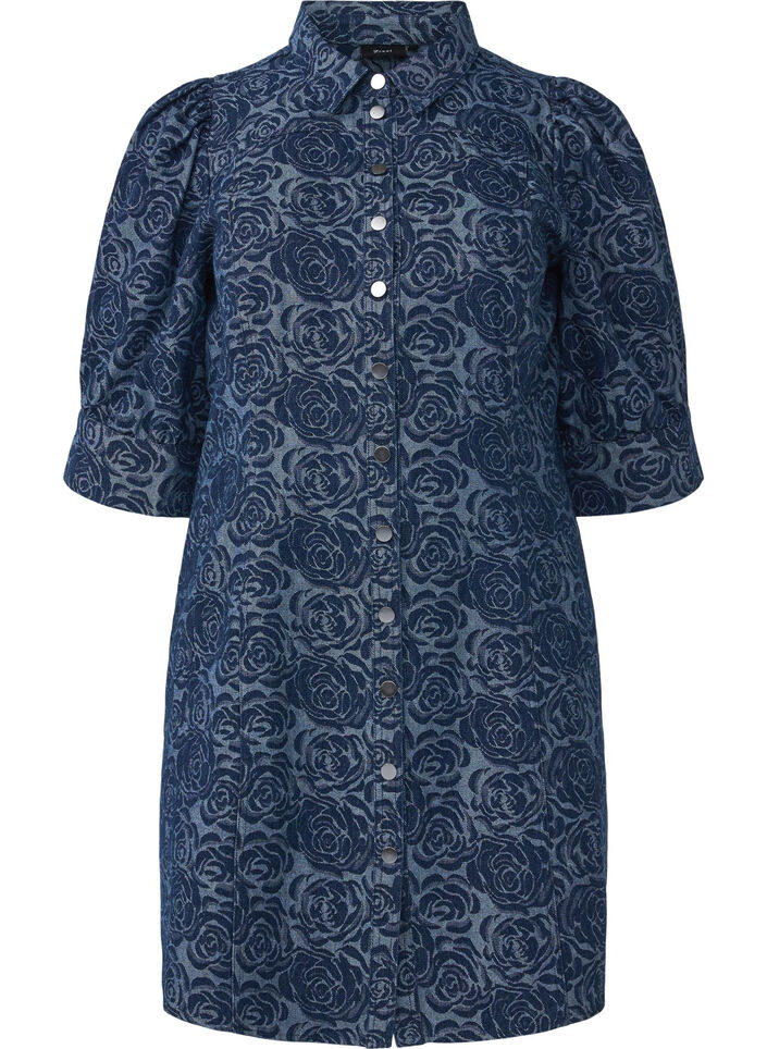 Short denim shirt dress with rose pattern, Denim Rose AOP, Packshot image number 0