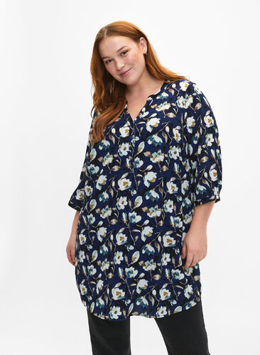 Floral tunic with 3/4 sleeves, P. Blue Flower AOP, Model image number 0