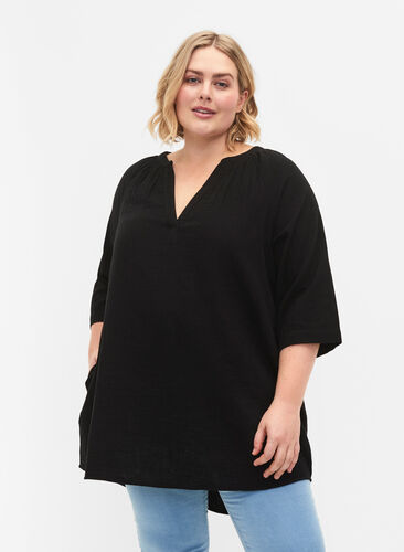 3/4 sleeve tunic in cotton, Black, Model image number 0