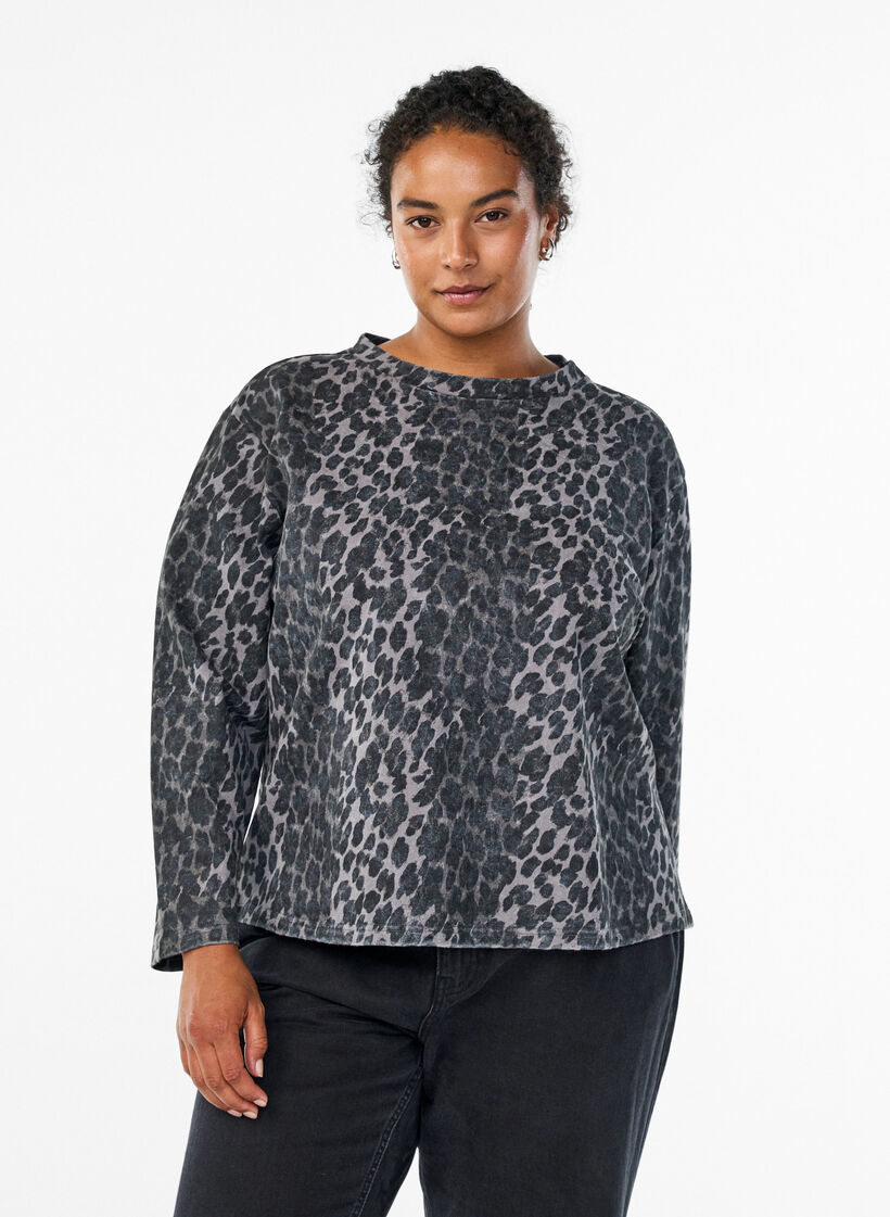 Washed sweatshirt with leopard print, Grey, Model image number 0