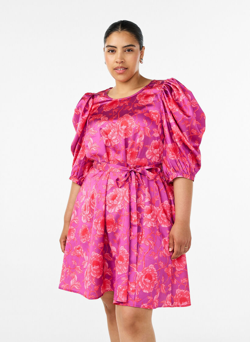 Floral dress with puff sleeves and tie-belt, Pink, Model image number 0