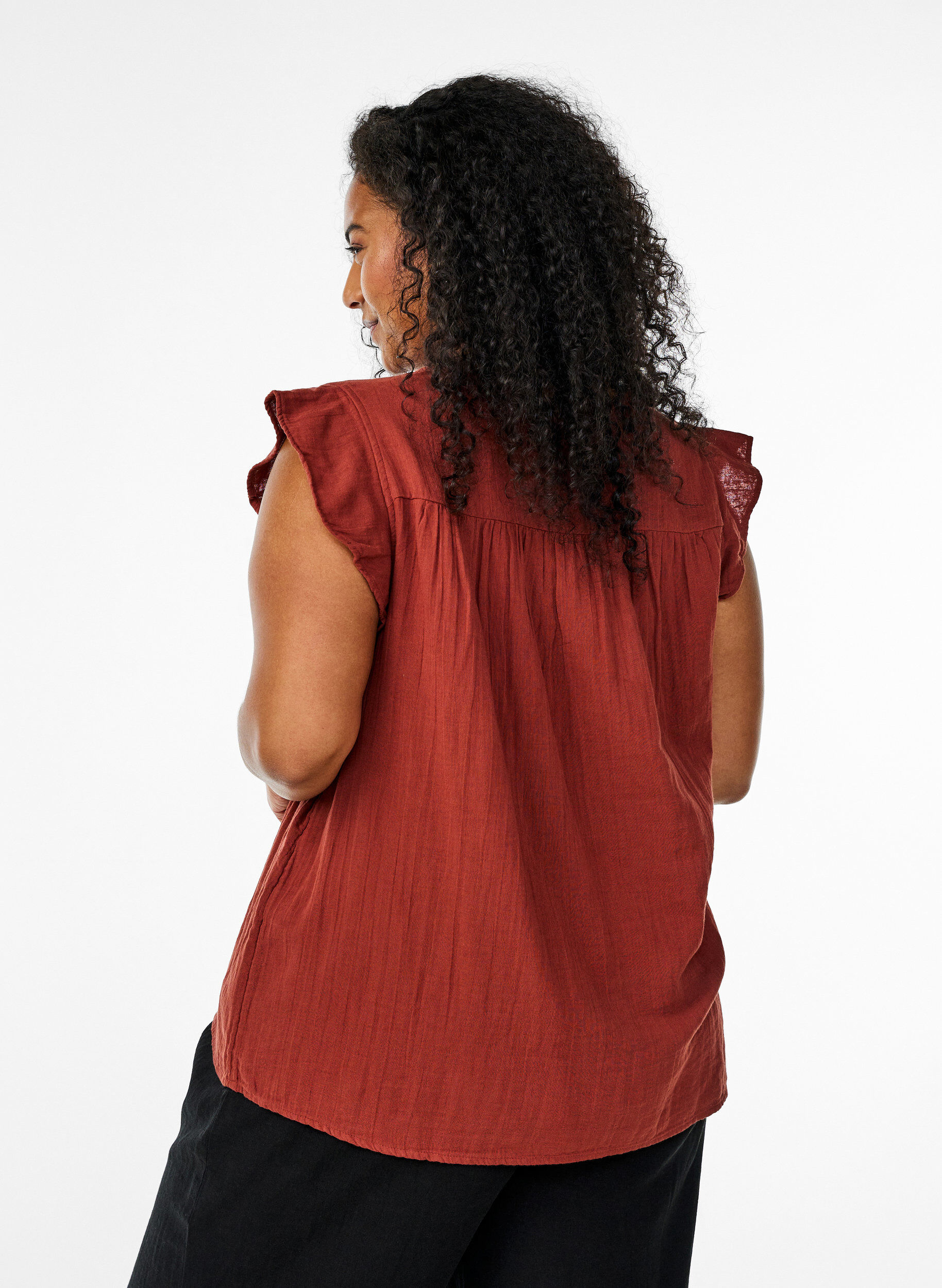 ZizzifashionSleeveless top in cotton muslin with ruffles, Red, Model image number 2