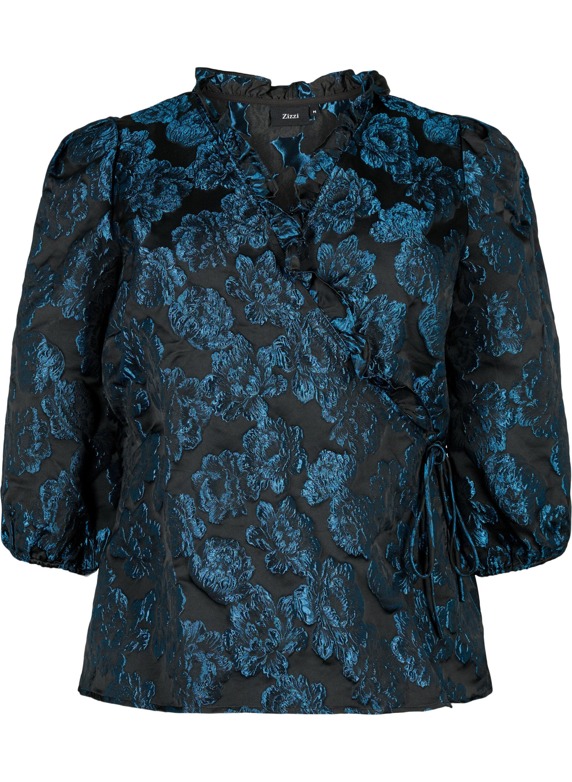 Zizzifashion Jacquard wrap blouse with 3/4 sleeves, Black Blue, Packshot image number 0