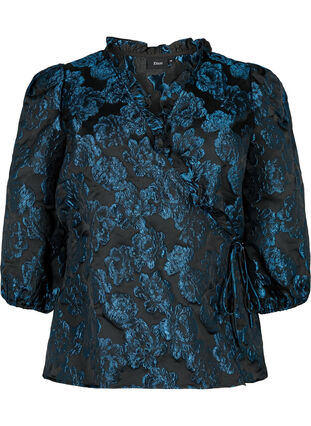 Jacquard wrap blouse with 3/4 sleeves, Black Blue, Packshot image number 0