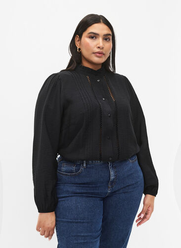Viscose shirt blouse with ruffle collar, Black, Model image number 0