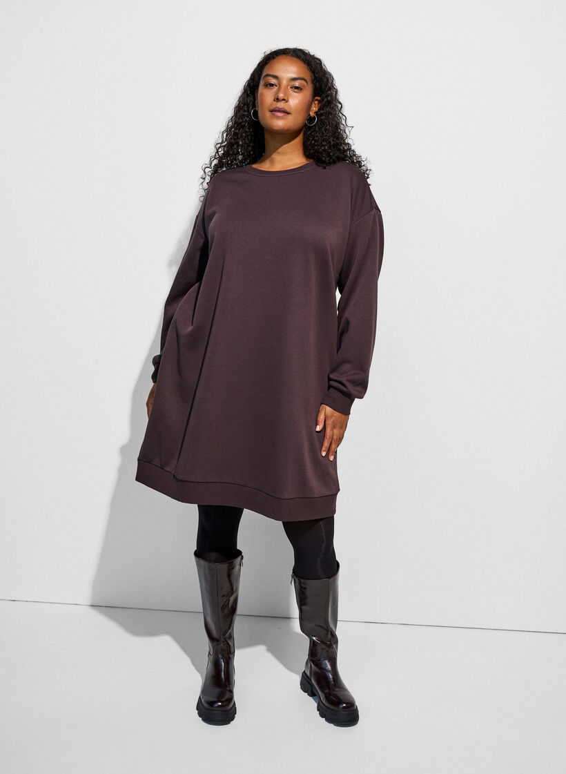 Loose sweatshirt dress with pockets, Brown, Model image number 1