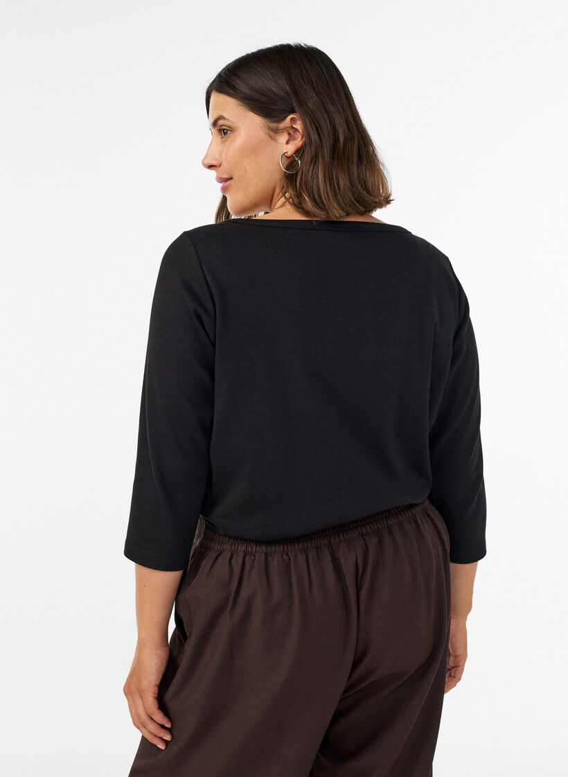 Basic T-shirt with boat neck and 3/4 sleeves, Black, Model image number 2