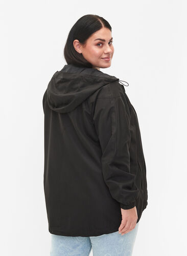 Short jacket with hood and adjustable bottom, Black, Model image number 1