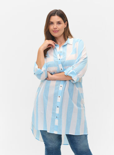 Striped cotton shirt with 3/4 sleeves, Blue Bell Stripe, Model image number 0