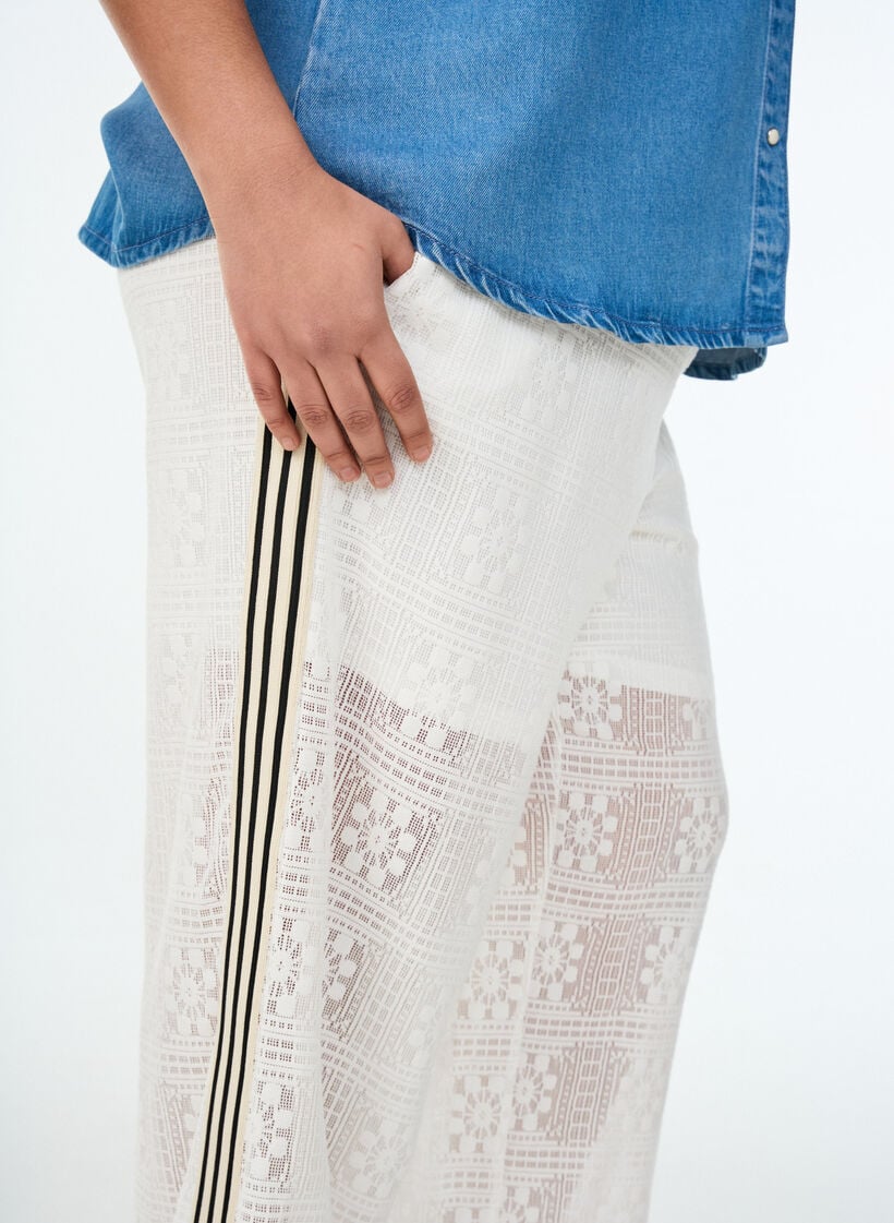 Wide-leg lace trousers with contrast stripes, White, Model image number 3