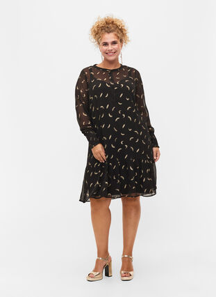 Dress with a-shape and smock, Black, Model image number 2