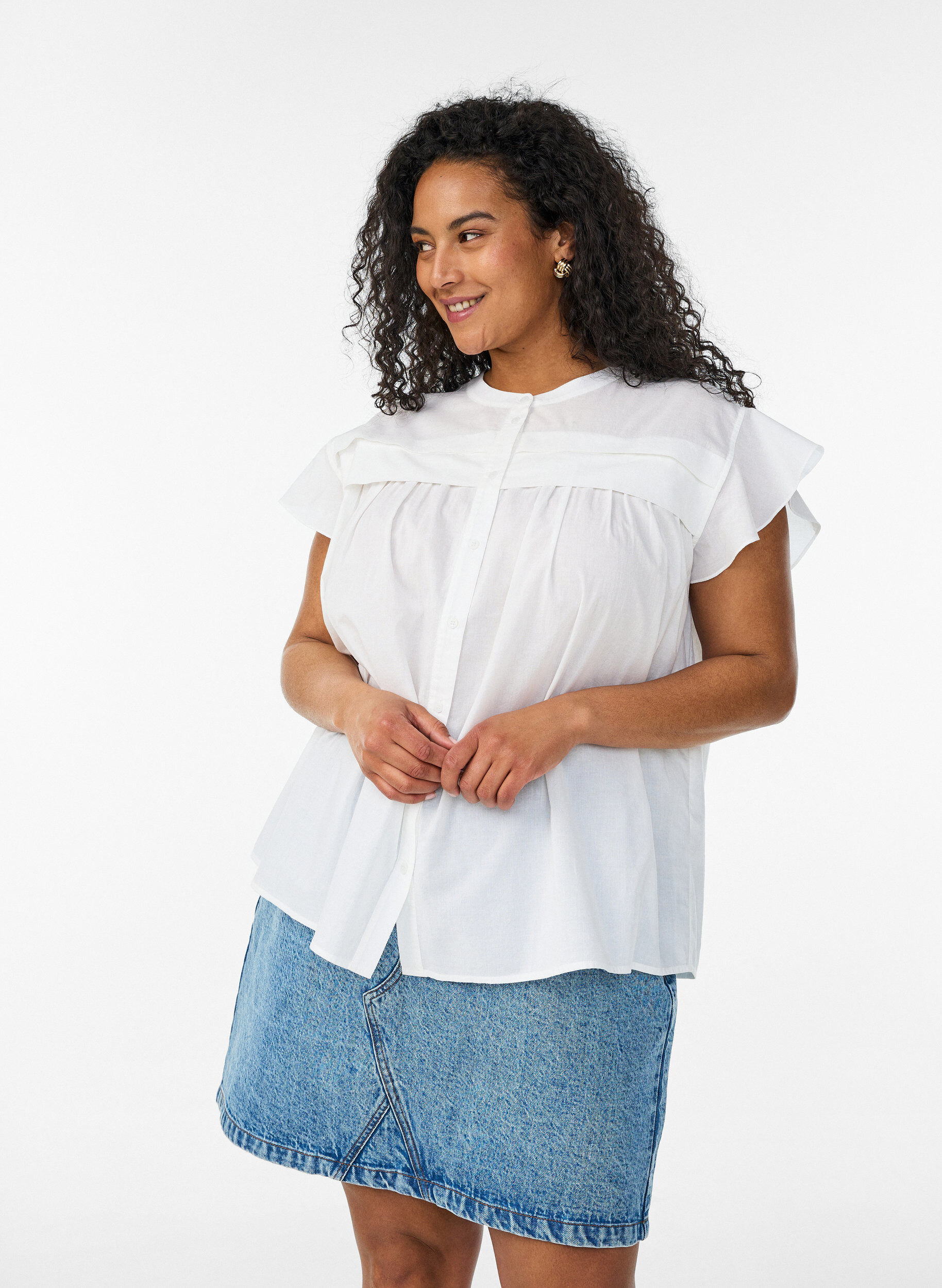ZizzifashionSleeveless A-line cotton shirt blouse, White, Model image number 0