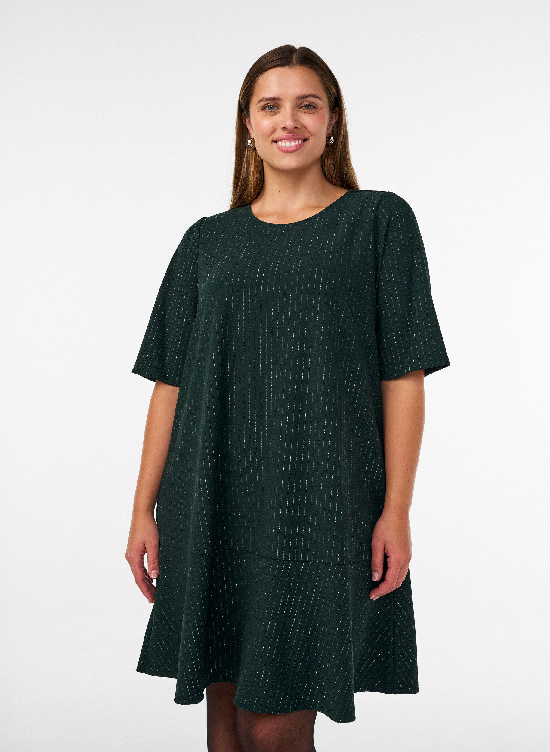 ZizzifashionShort A-line dress with glitter stripes, Green, Model image number 0