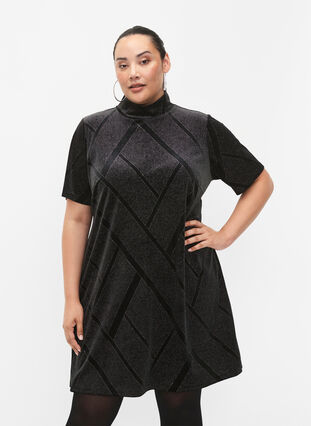 Velvet dress with glitter and turtleneck, Black, Model image number 0