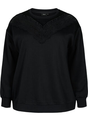Sweatshirt with ruffle and crochet detail, Black, Packshot image number 0