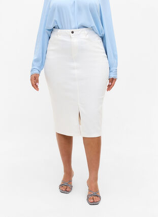 Denim midi skirt with slits, White, Model image number 2
