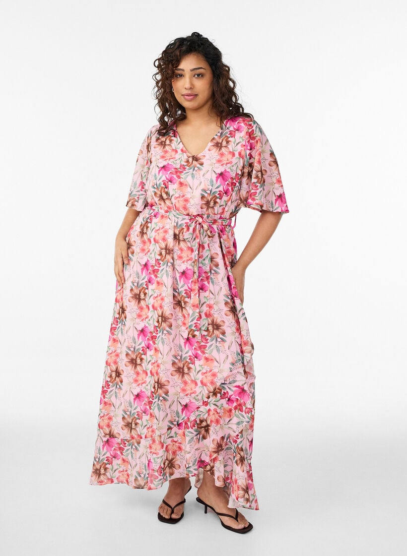 Chiffon maxi dress with a V-neck and ruffle hem, Rose, Model image number 0