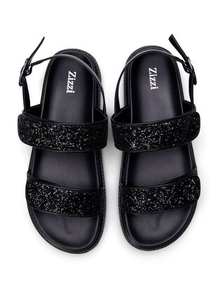 Wide fit glitter sandal with Velcro closure, Black Glitter, Packshot image number 2