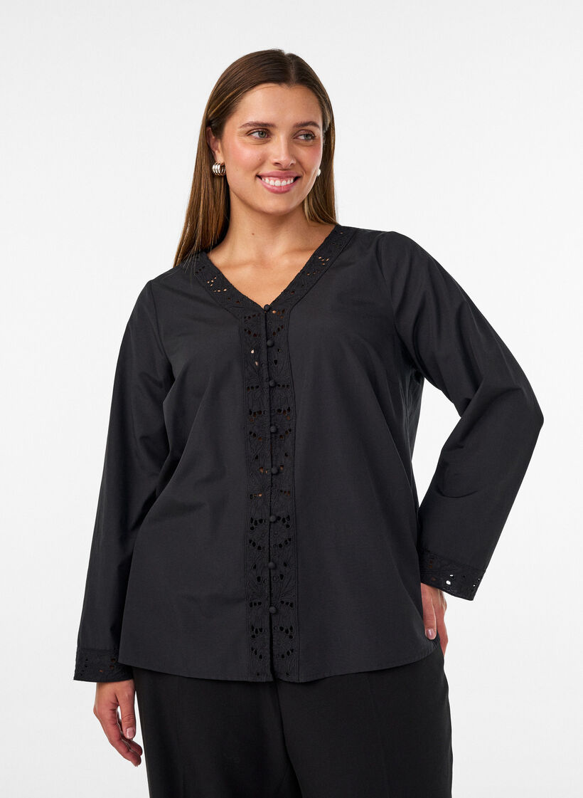 Shirt blouse with broderie anglaise, Black, Model image number 0