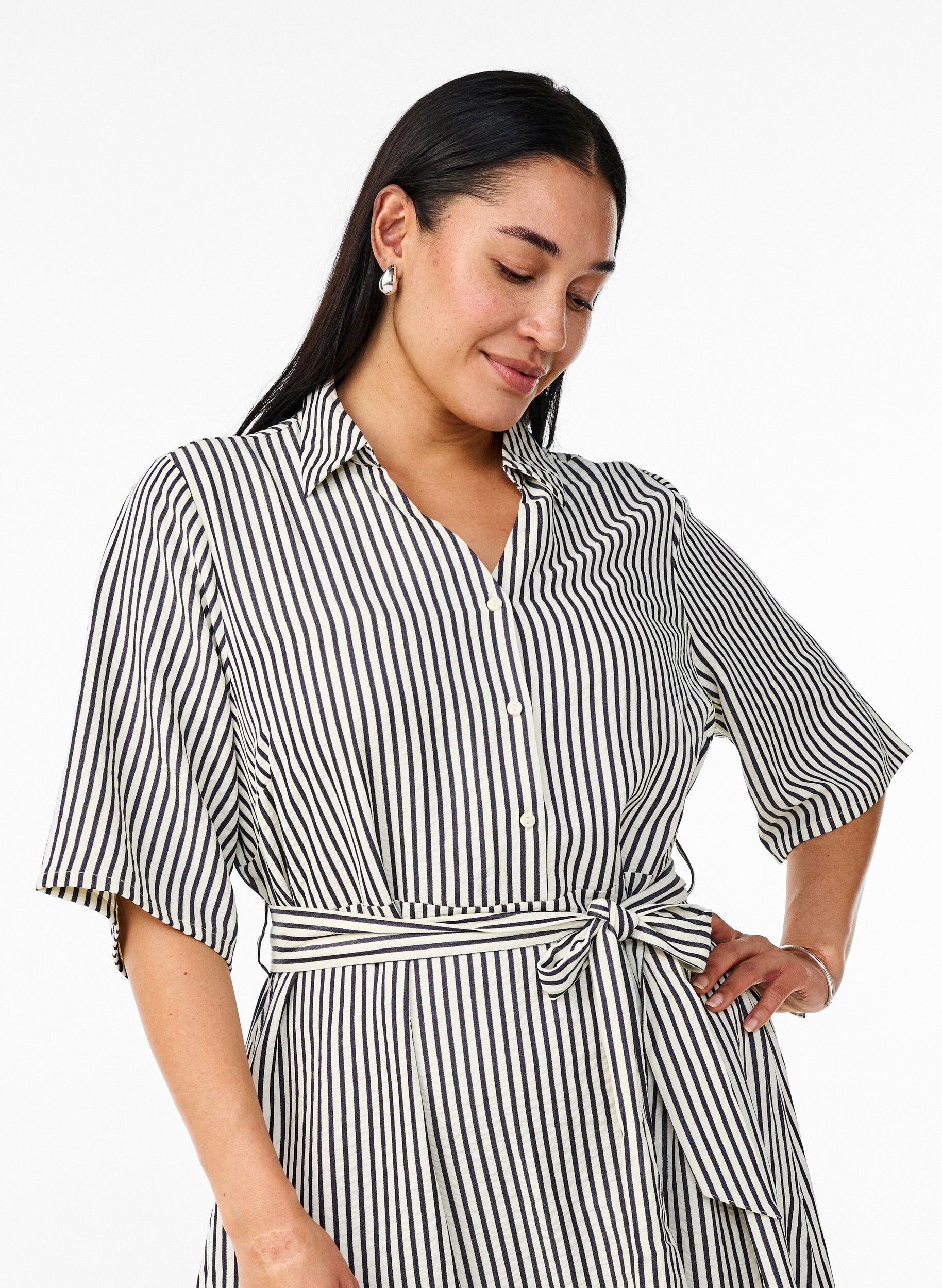 ZizzifashionAnkle-length shirt dress with tie belt and stripes, Black, Model image number 2