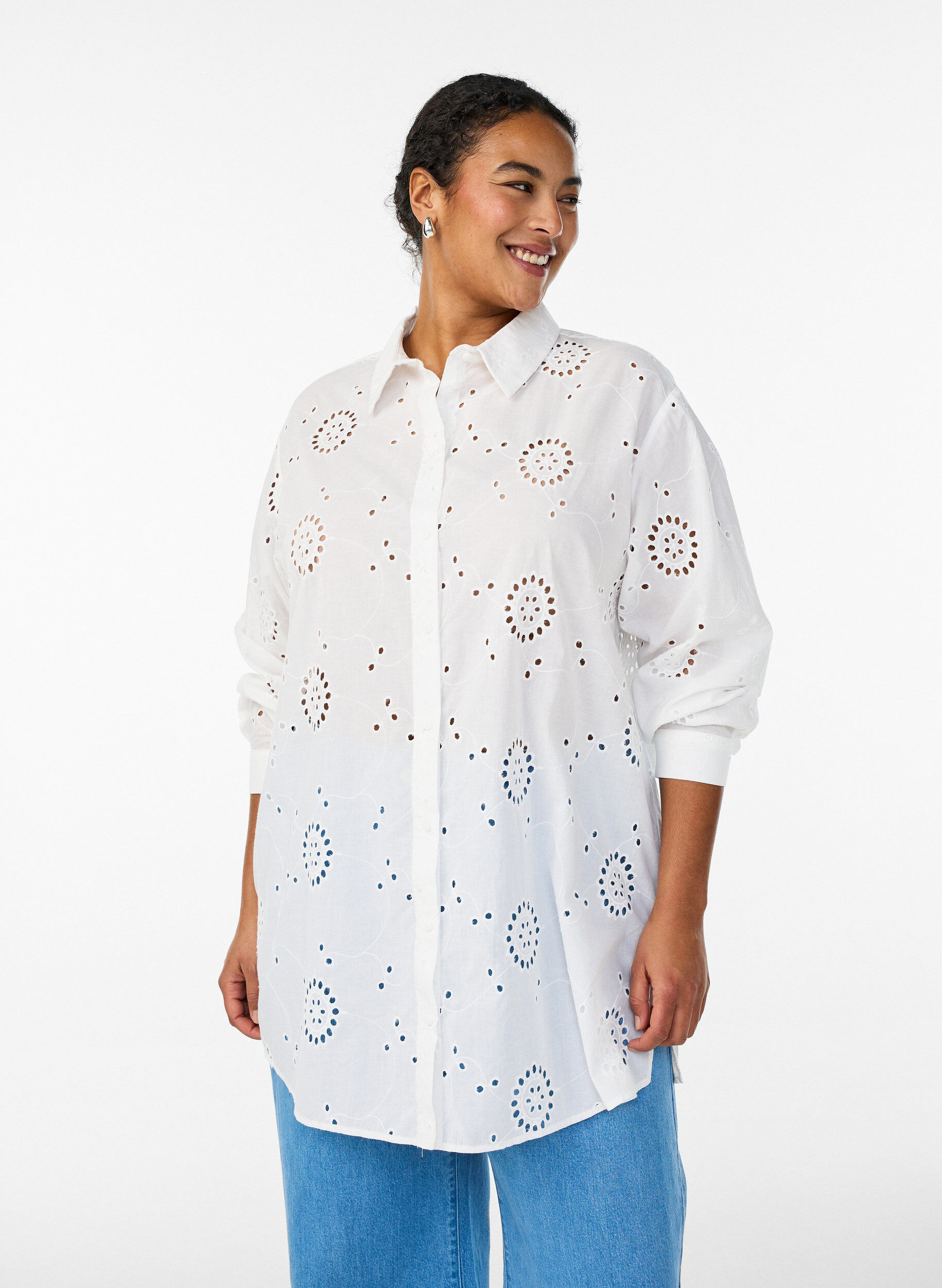Zizzifashion Cotton tunic with broderie anglaise, White, Model image number 0