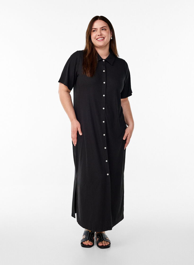 Maxi dress in jersey with collar and short sleeves, Black, Model image number 0