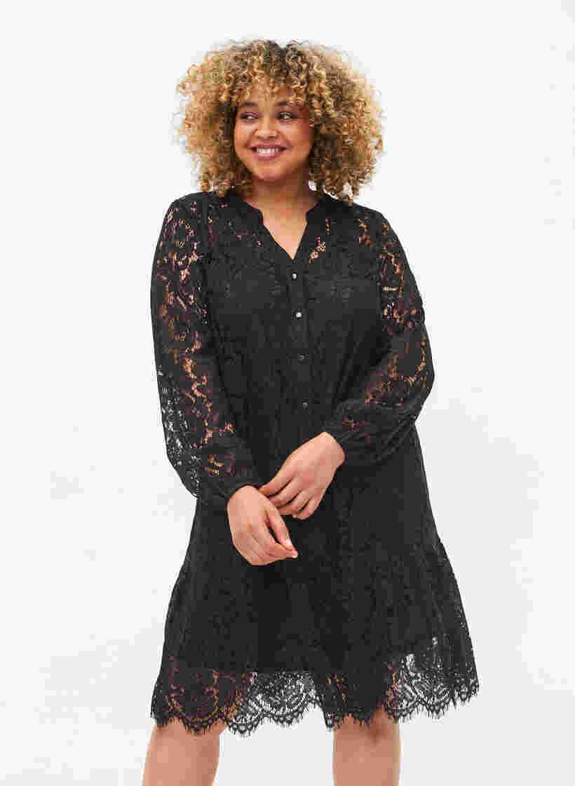 Lace dress with long sleeves, Black, Model image number 0
