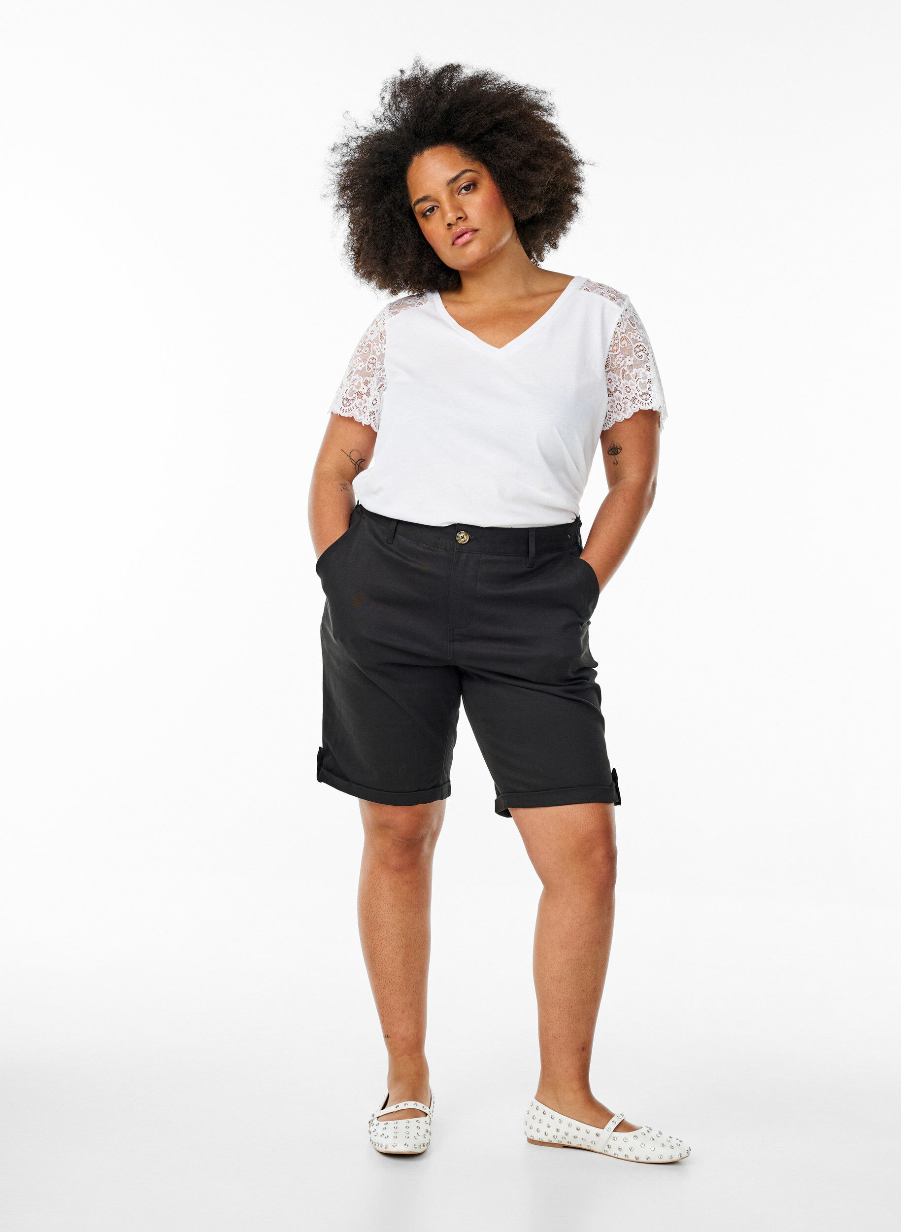 Zizzifashion Cotton T-shirt with short lace sleeves, White, Model image number 1