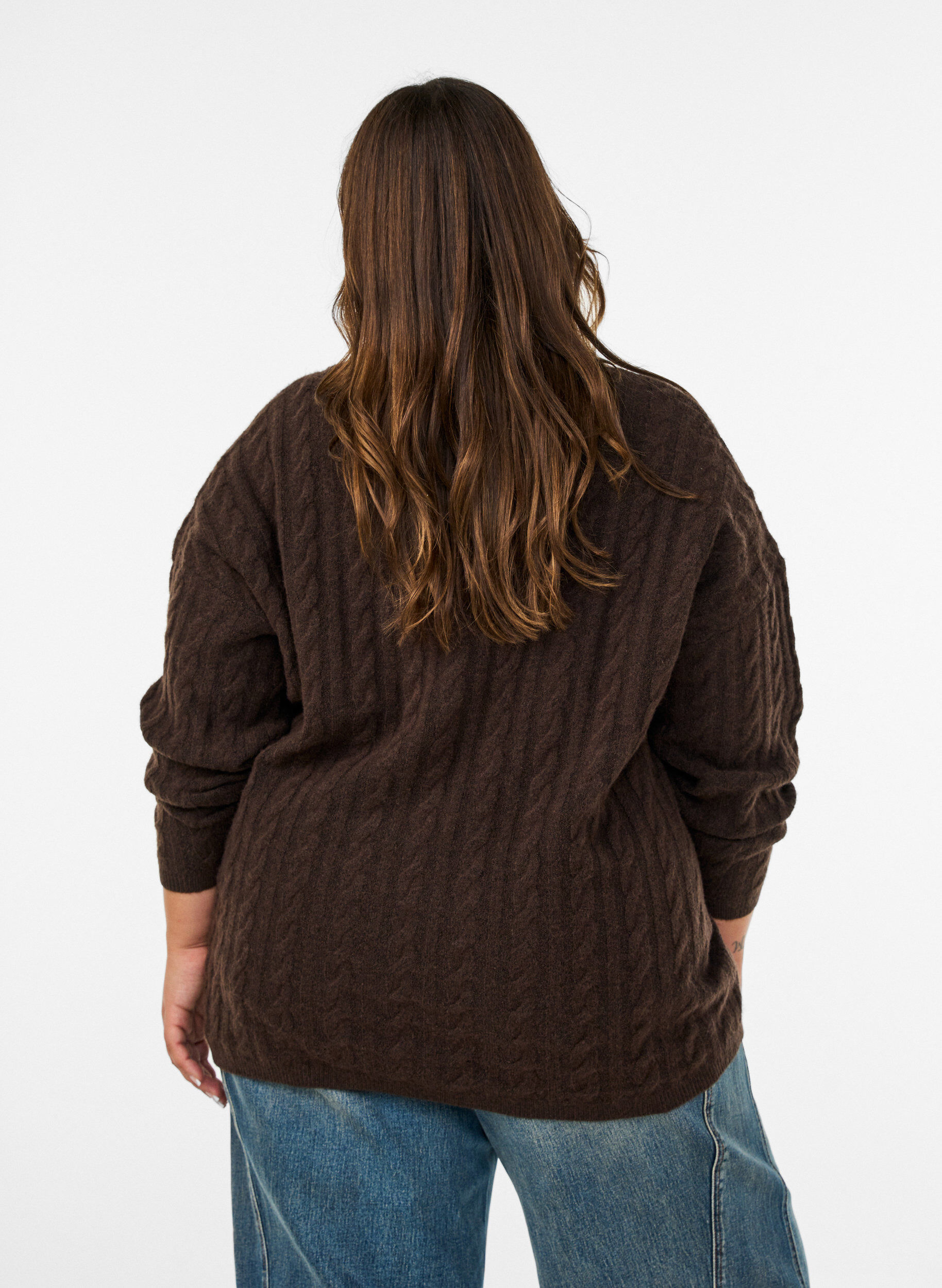ZizzifashionKnitted blouse with cable knit and V-neck, Brown, Model image number 2