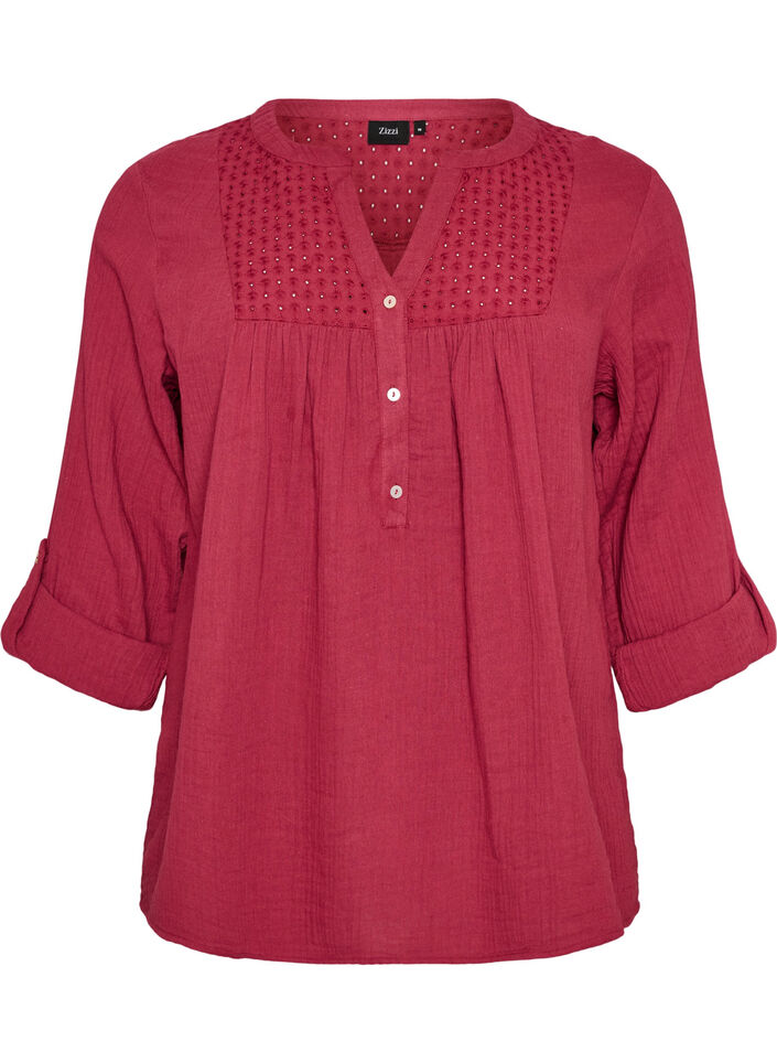 Blouse in cotton muslin with broderie anglaise, Red, Packshot image number 0