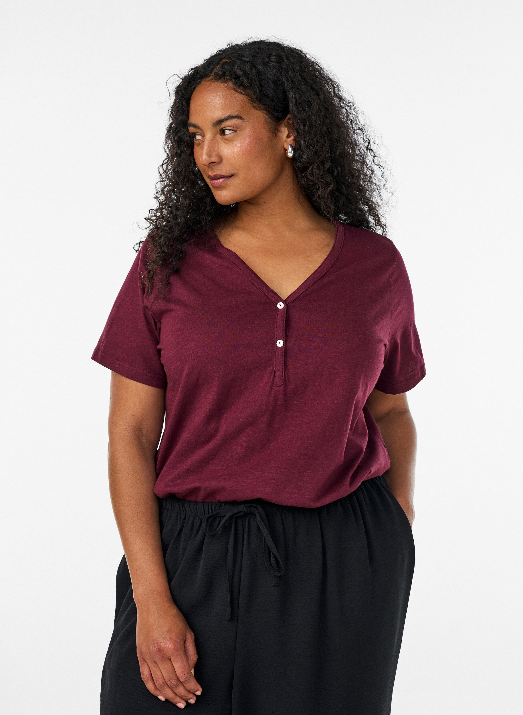 ZizzifashionT-shirt with button detail, Dark Bordeaux, Model image number 0