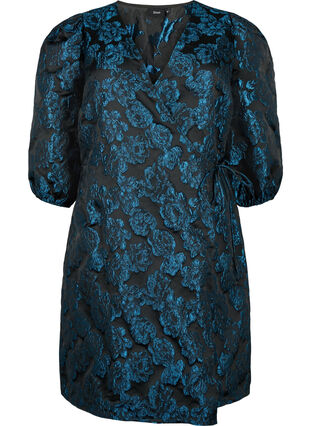 Jacquard wrap dress with 3/4 sleeves, Black Blue, Packshot image number 0