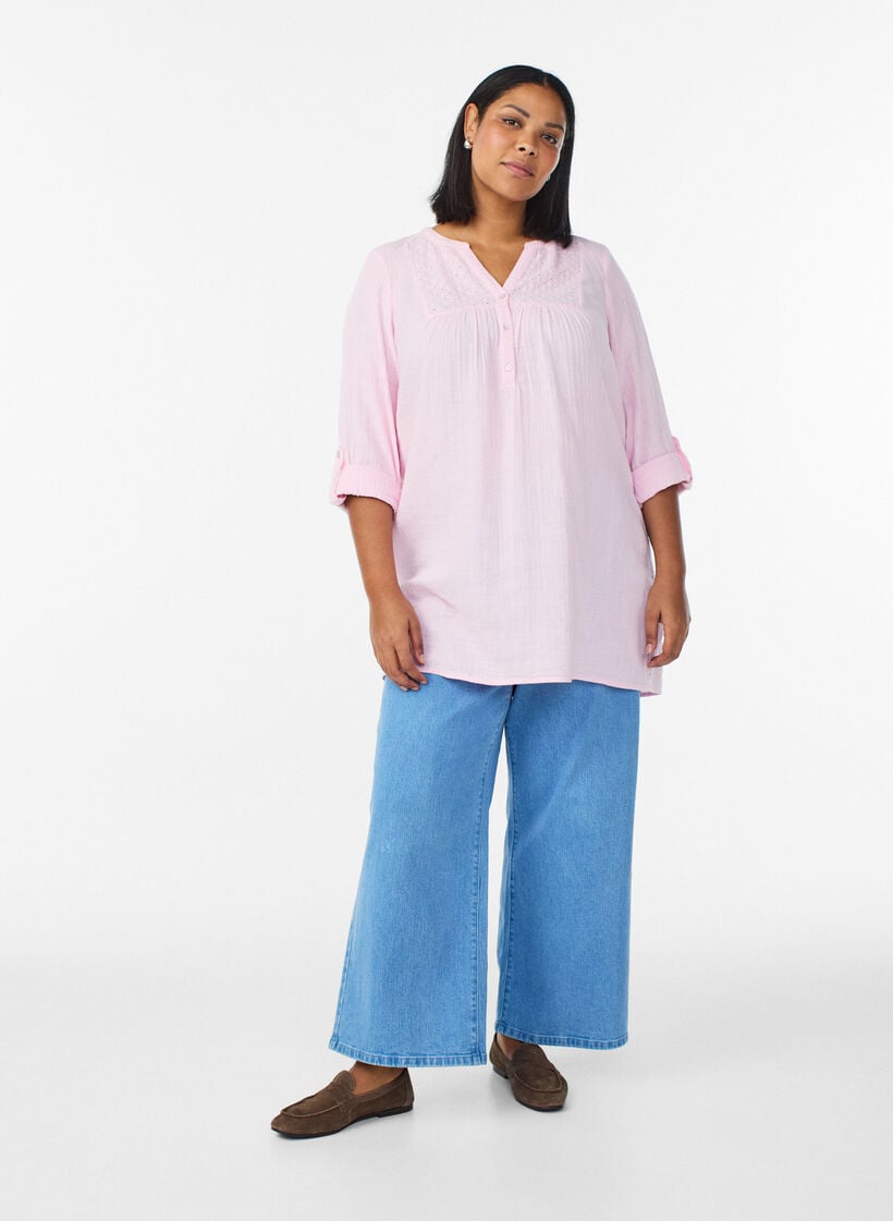 Cotton muslin tunic with broderie anglaise, Rose, Model image number 1