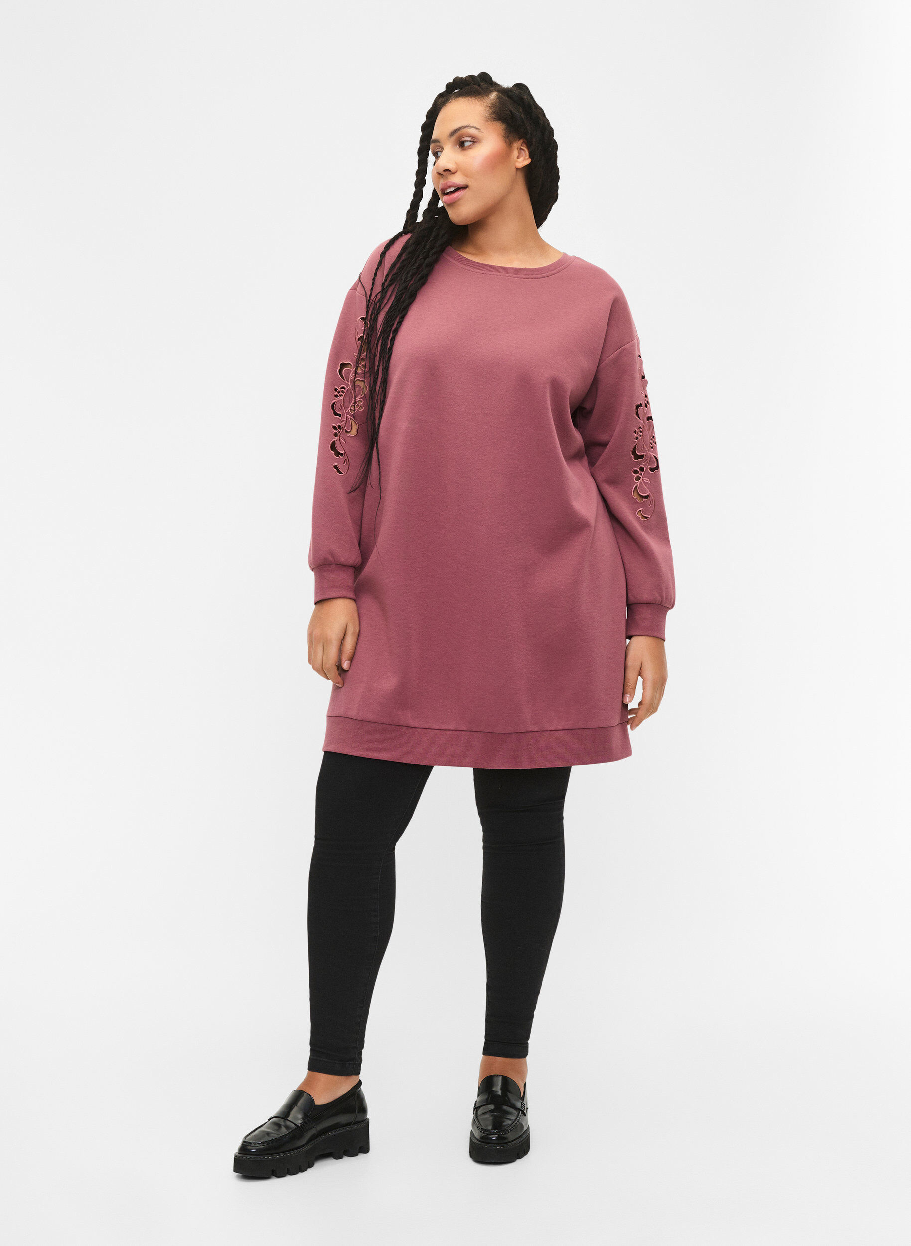 Zizzifashion Sweat dress with embroidered details, Rose Brown, Model image number 2