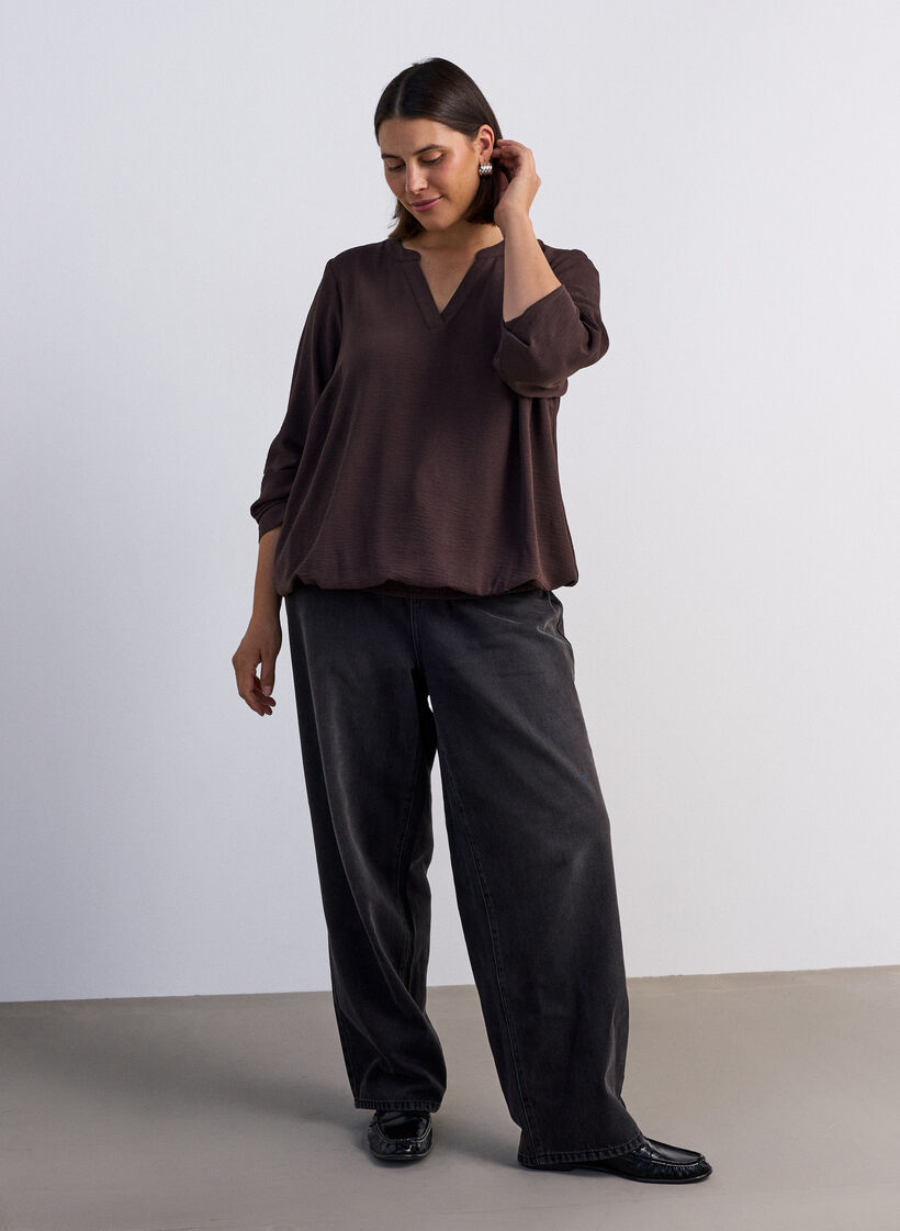 Balloon silhouette blouse with V-neck, Brown, Model image number 1