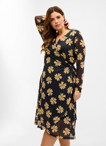 Printed wrap mesh dress, Black w Yellow, Model image number 0