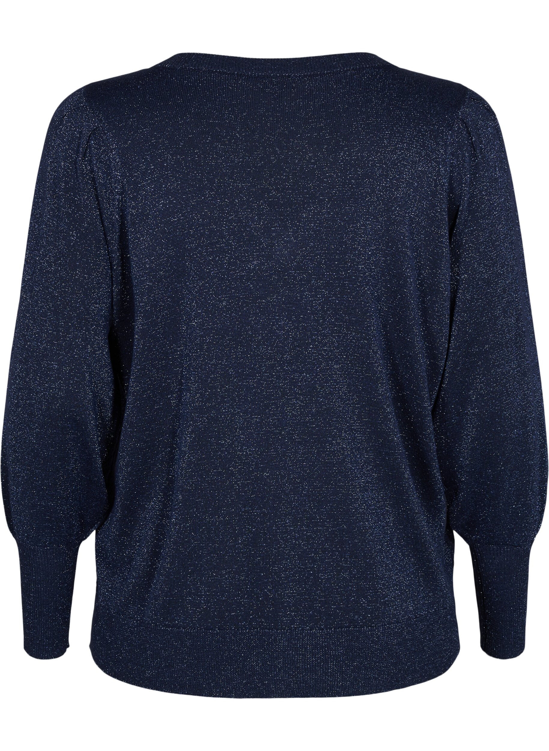 Zizzifashion Knitted blouse with shimmer and V-neck, Naval A.w.Blue Lurex, Packshot image number 1