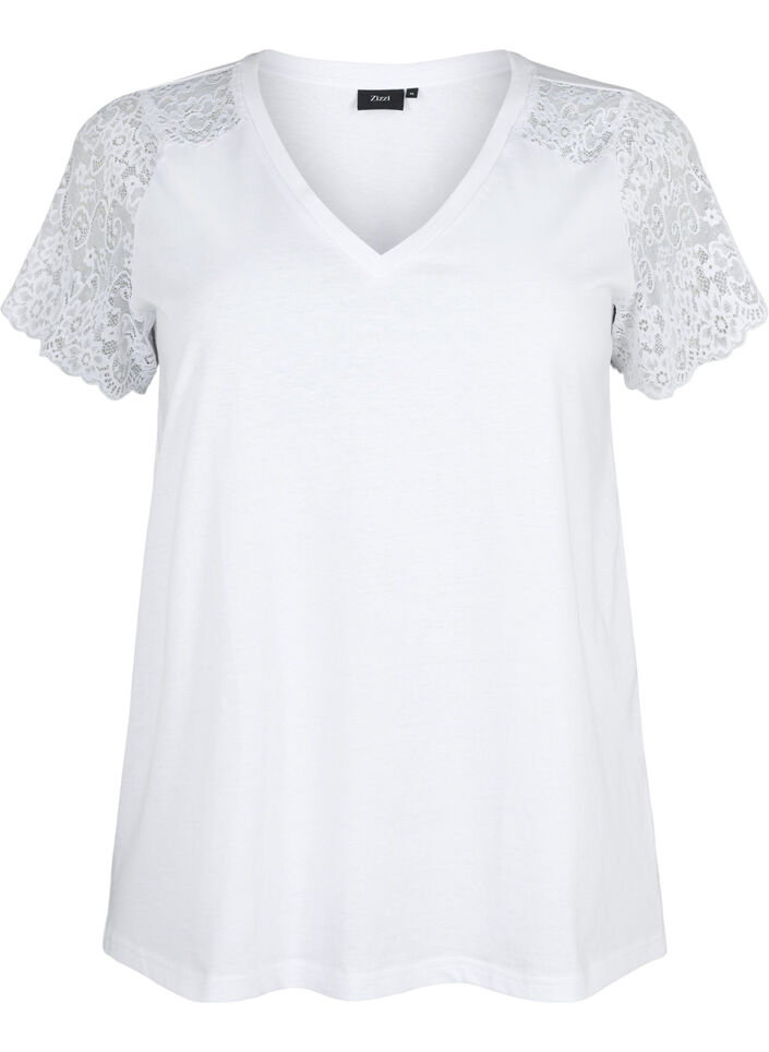 Cotton T-shirt with short lace sleeves, White, Packshot image number 0
