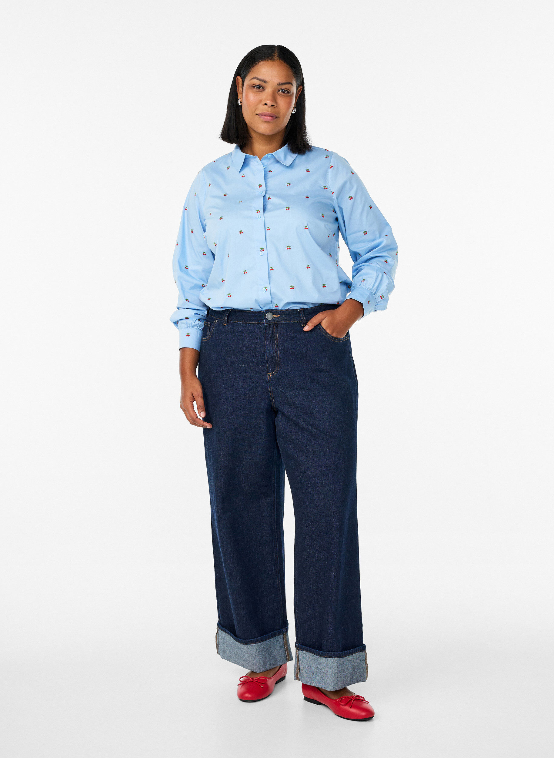 ZizzifashionShirt with embroidered cherries, Light Blue, Model image number 1