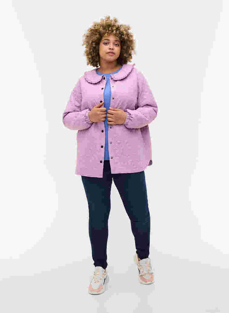 Quilted jacket with collar and frills, Lavender Mist, Model image number 2