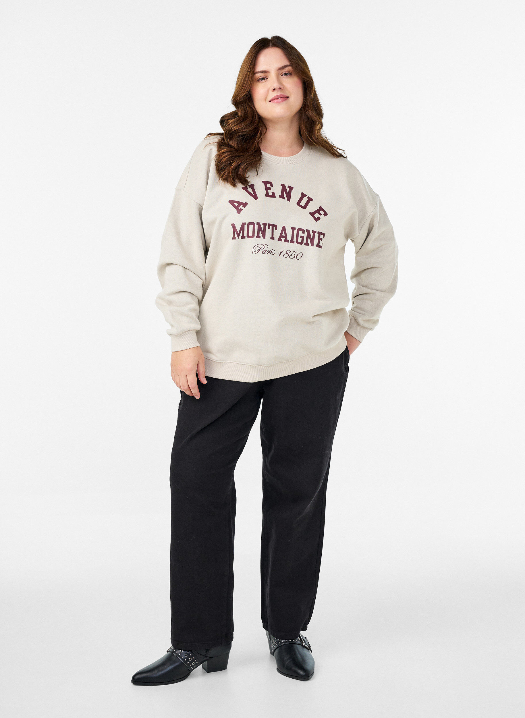 Zizzifashion Sweatshirt with front text, Beige, Model image number 1