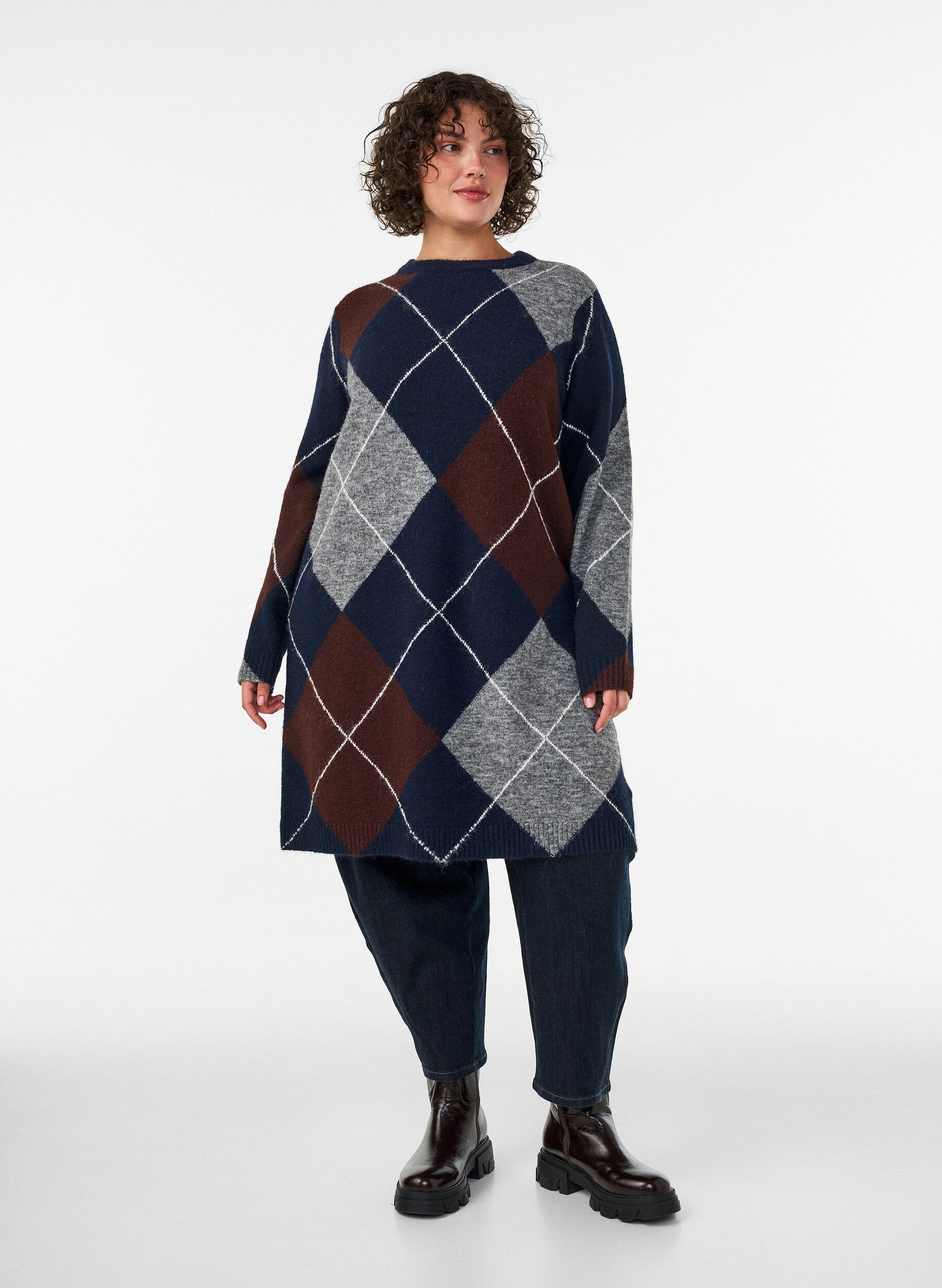 ZizzifashionKnitted dress with large check pattern, Blue, Model image number 1